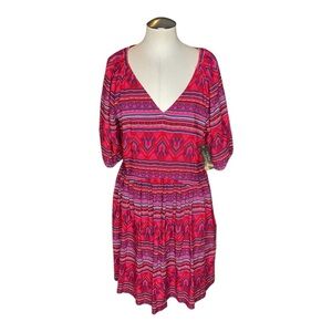 Wrangler Retro Western Print Dress Red Boho V Neck Size L